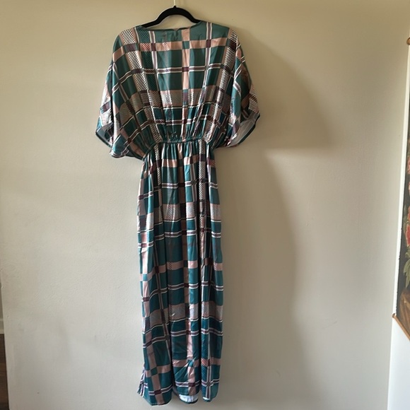 NWT World Market Mira Teal and Maroon Satin Plaid Kaftan Dress SZ L/XL - Picture 4 of 4